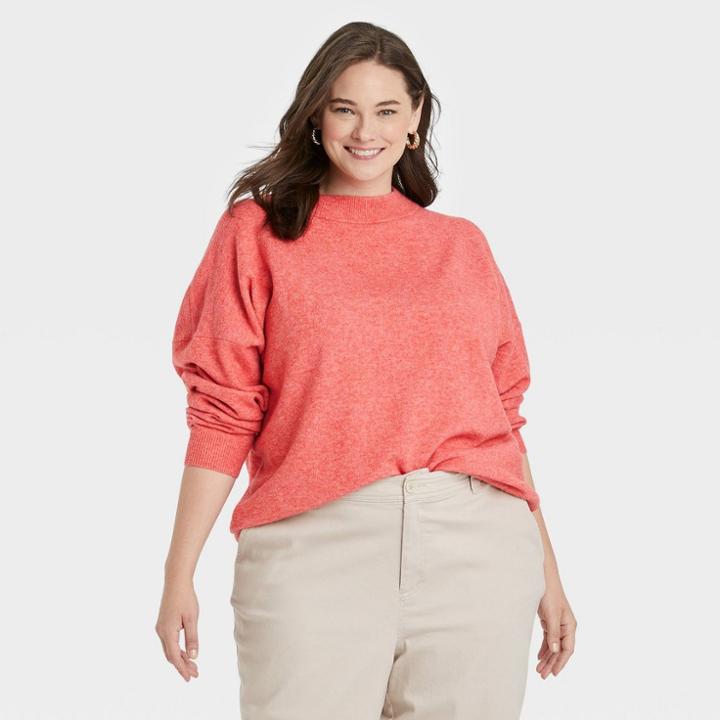 Women's Plus Size Slouchy Mock Turtleneck Pullover Sweater - A New Day Coral