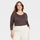 Women's Plus Size Long Sleeve Henley Neck Shirt - Universal Thread Dark Brown