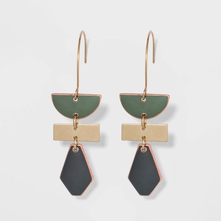 Worn Gold And Copper Ox Geometric Enamel Drop Earring - Universal Thread Green/gray, Women's