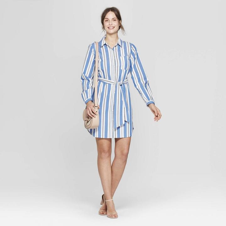 Women's Striped Long Sleeve Menswear Shirtdress - A New Day White/blue