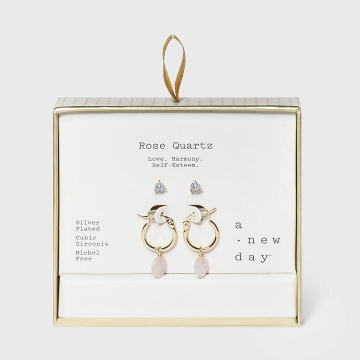 Silver Plated Rose Quartz And Cubic Zirconia Coin Hoop Duo Earing Set - A New Day Pink