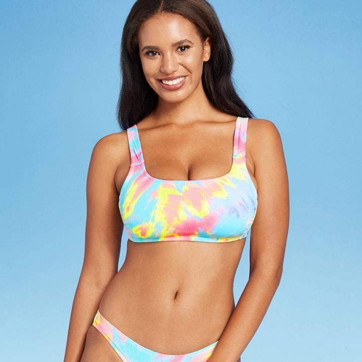 Juniors' Ribbed Square Neck Bralette Bikini Top - Xhilaration Tie-dye D/dd Cup