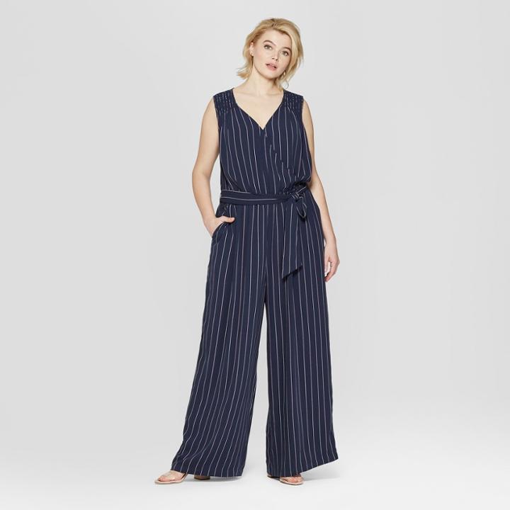 Women's Plus Size Striped Sleeveless V-neck Woven Jumpsuit - Ava & Viv Navy X, Blue