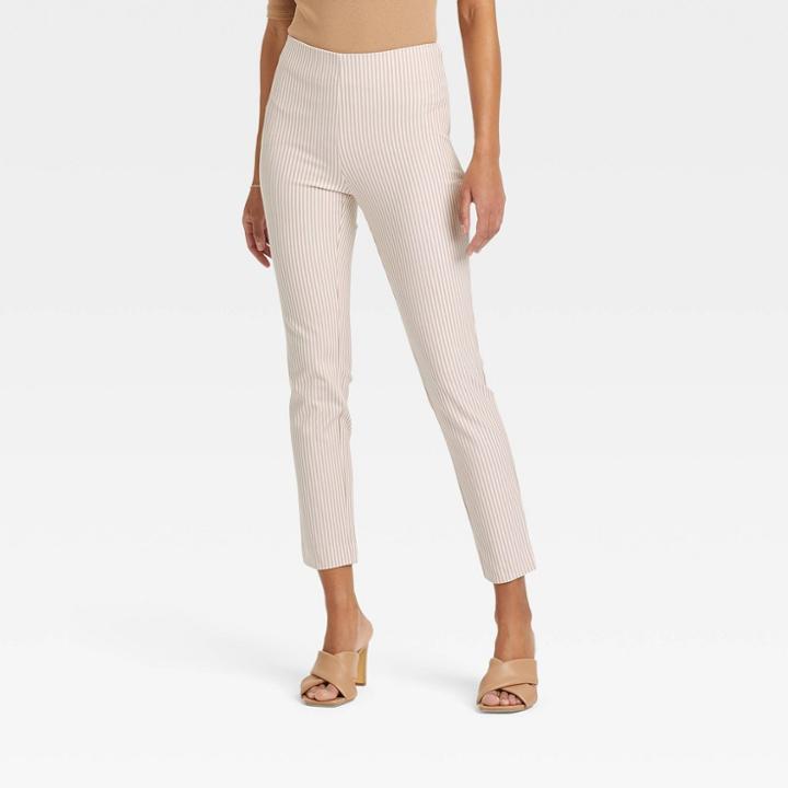 Women's High-rise Slim Fit Ankle Pants - A New Day Cream Striped 2, Ivory