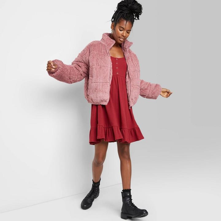 Women's Feathered Cord Puffer Jacket - Wild Fable Rose
