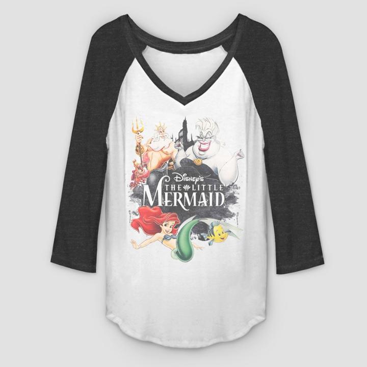 Fifth Sun Women's Disney Princess 3/4 Sleeve Watercooler Mermaid Raglan T-shirt - (juniors') White/black