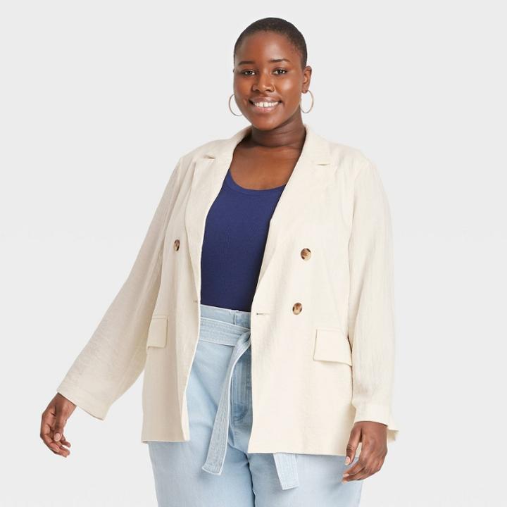 Women's Plus Size Double Breasted Blazer - A New Day Cream