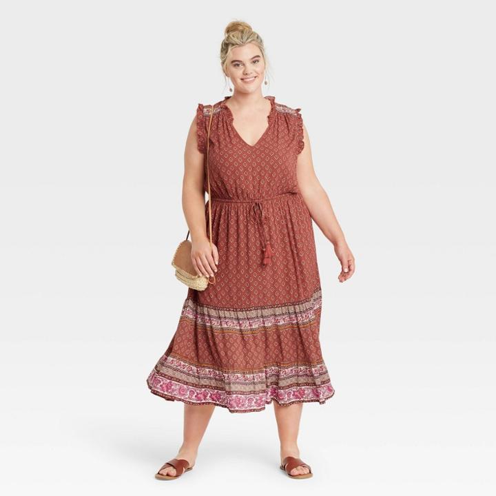 Women's Plus Size Sleeveless Ruffle Tie-waist Dress - Knox Rose Rust Paisley