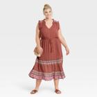 Women's Plus Size Sleeveless Ruffle Tie-waist Dress - Knox Rose Rust Paisley