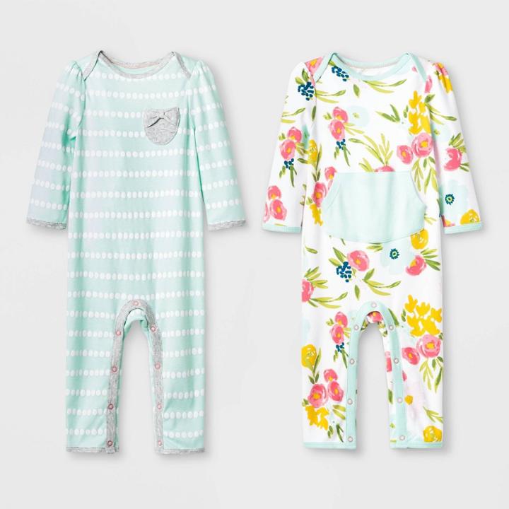 Baby Girls' 2pk Floral Fields Rompers - Cloud Island Mint Green Newborn, Girl's