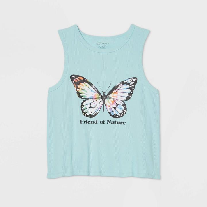 Mighty Fine Women's Plus Size Butterfly Ribbed Cropped Graphic Tank Top - Blue
