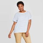Women's Plus Size Striped Tie Short Sleeve Round Neck Linen T-shirt - Ava & Viv Blue
