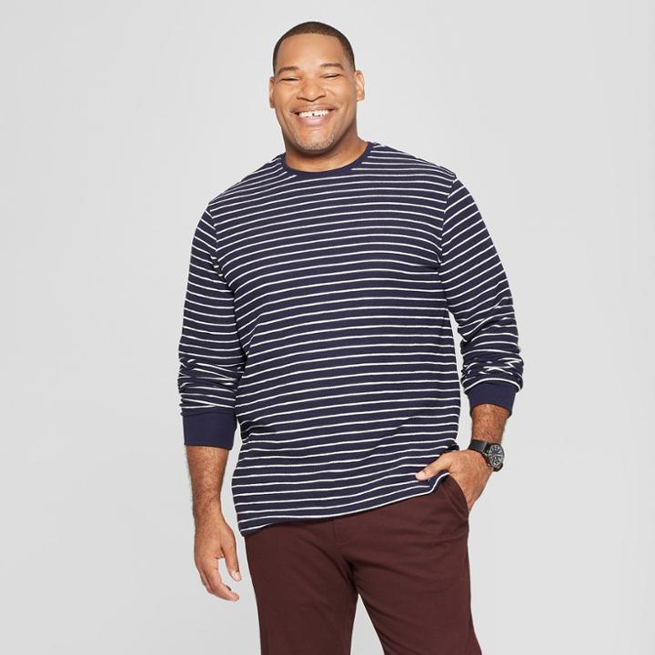 Men's Big & Tall Striped Regular Fit Long Sleeve Textured Crew Neck Shirt - Goodfellow & Co Xavier Navy