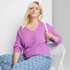 Women's Plus Size V-neck Ribbed Pullover Sweater - Wild Fable Neon Purple