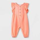 Baby Girls' Gauze Flutter Sleeve Romper - Cat & Jack Dark Peach Newborn, Dark Pink