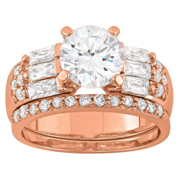 Tiara 3.22 Ct. T.w. Elegant 8mm Round-cut Cubic Zirconia With Baguette Side Stones 3-piece Bridal Set In 14k Gold Over Silver - (5), Girl's, Rose