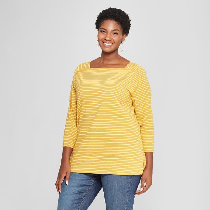 Women's Plus Size Striped Boatneck 3/4 Sleeve T-shirt - Ava & Viv Gold X