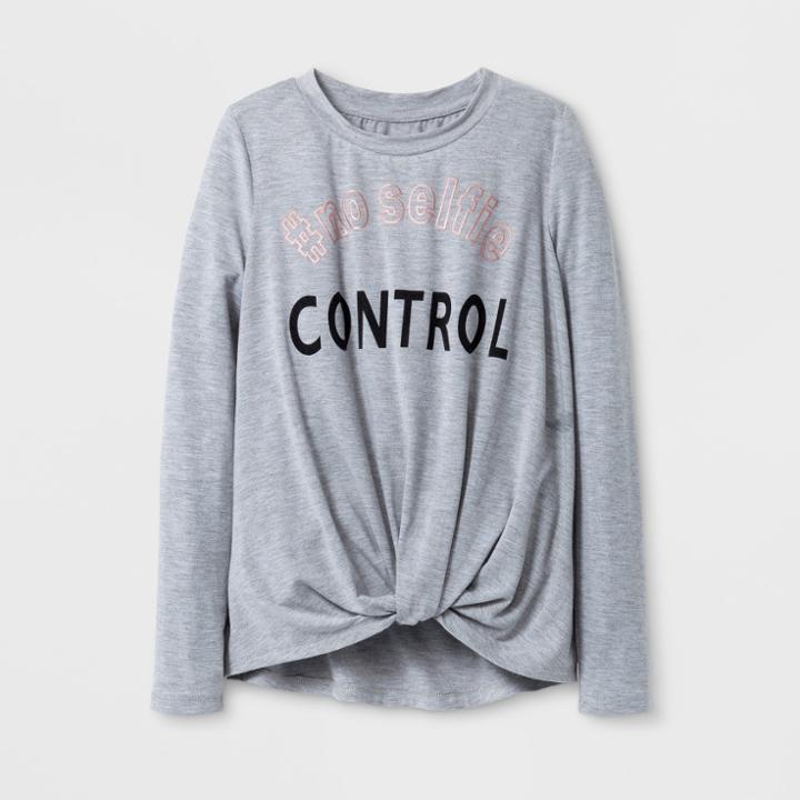 Girls' No Selfie Control Twist Front Long Sleeve T-shirt - Art Class Heather Gray