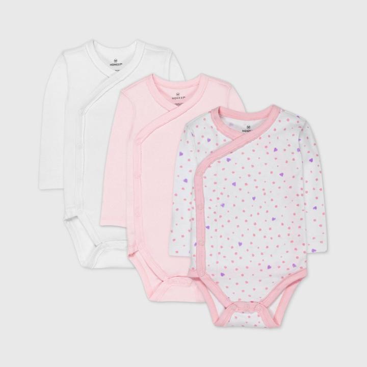 Honest Baby Girls' 3pc Love Dot Organic Cotton Long Sleeve Duster Bodysuit - Pink Newborn