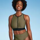 Women's Longline Zip-front Bikini Top - All In Motion Olive Green & Black Colorblock D/dd Cup
