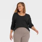 Women's Plus Size Long Sleeve Ribbed Scoop Neck T-shirt - A New Day Black