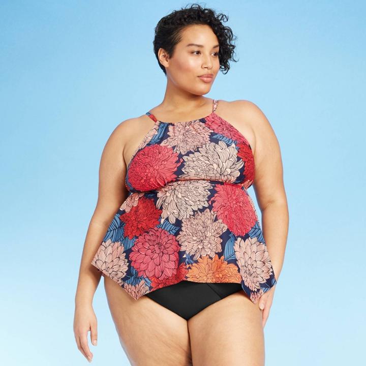 Women's Plus Size High Neck Handkerchief Tankini Top - Kona Sol Floral Print 16w,