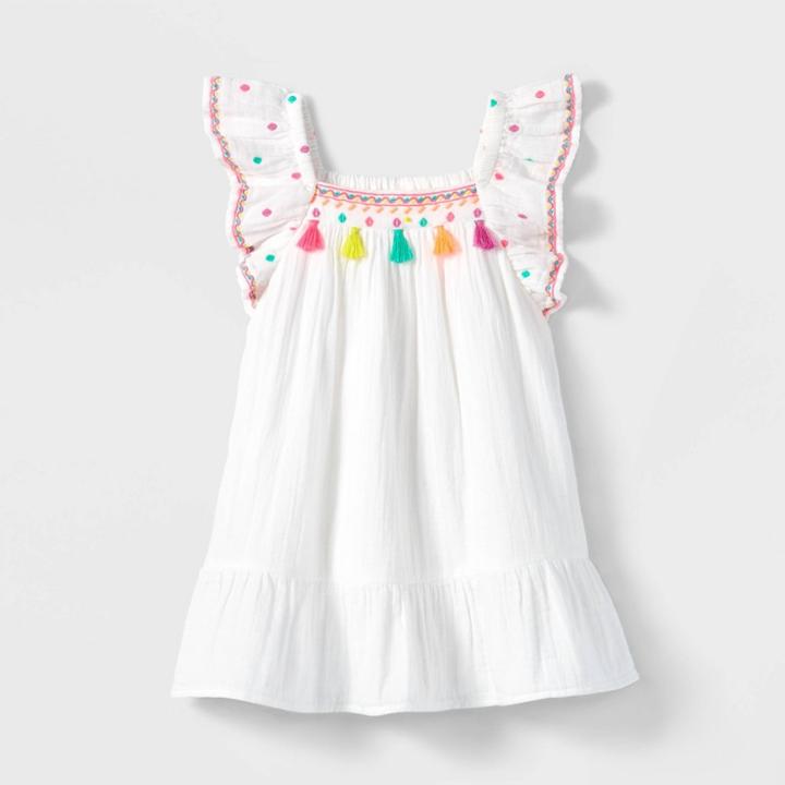 Toddler Girls' Embroidered Pom Ruffle Sleeve Dress - Cat & Jack White