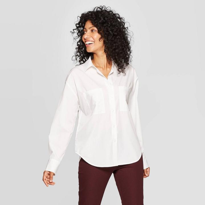 Women's Long Sleeve Collared Button-down Shirt - A New Day Gray Xs, Women's, White