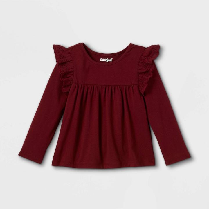 Toddler Girls' Eyelet Long Sleeve Blouse - Cat & Jack Burgundy