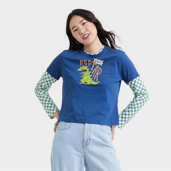 Nickelodeon Women's Reptar Long Sleeve Graphic T-shirt - Blue Checkered