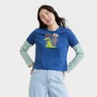 Nickelodeon Women's Reptar Long Sleeve Graphic T-shirt - Blue Checkered