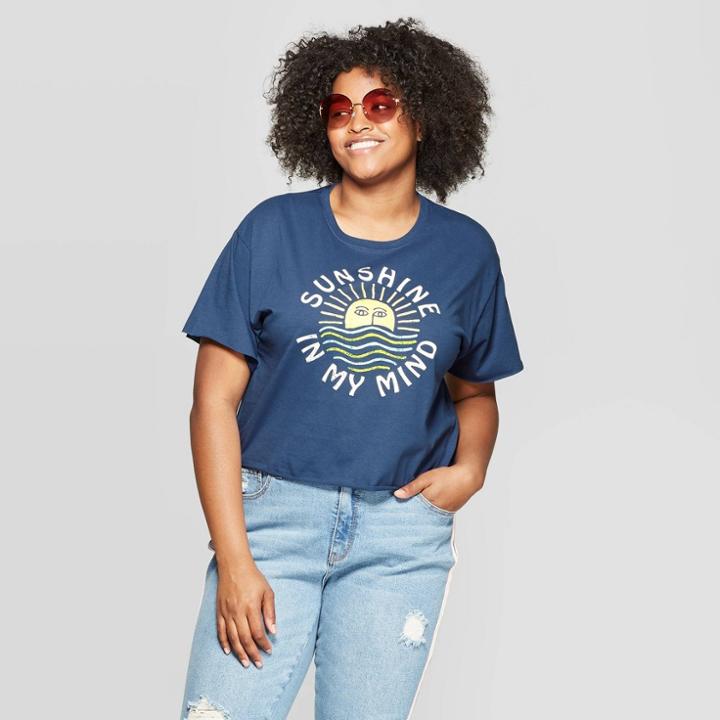 Modern Lux Women's Plus Size Short Sleeve Sunshine In My Mind Cropped Graphic T-shirt (juniors') - Blue