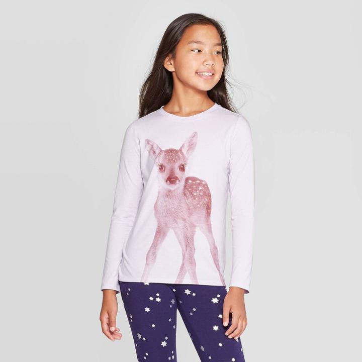Girls' Long Sleeve Deer Graphic T-shirt - Cat & Jack Lilac Xs, Girl's, Purple