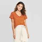 Women's Striped Monterey Pocket V-neck Short Sleeve T-shirt - Universal Thread Brown