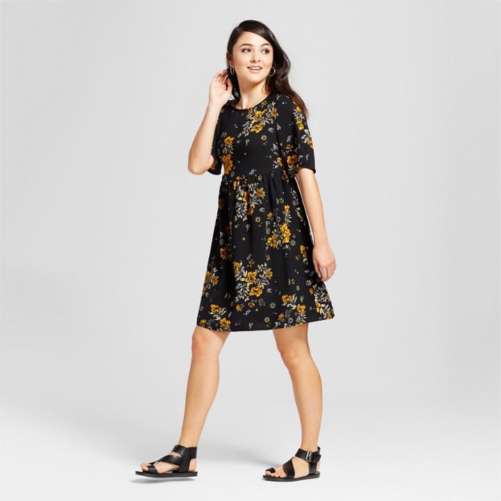 Women's Floral Print Short Sleeve Lace-up Back Babydoll Dress - Alison Andrews Black