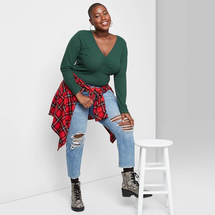 Women's Plus Size Long Sleeve V-neck Ruched Thermal Baby T-shirt - Wild Fable Green