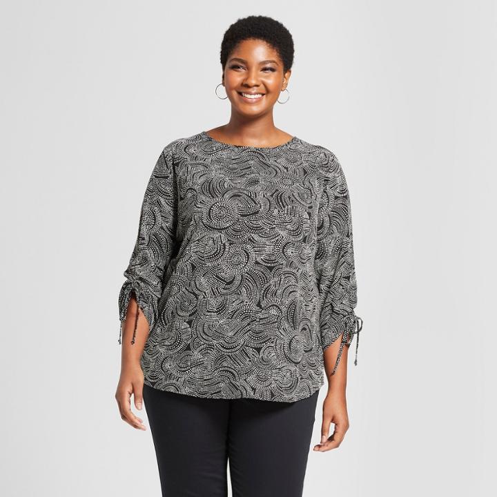 Women's Plus Size Printed Ruched 3/4 Sleeve Blouse - Ava & Viv Black X