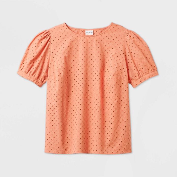 Women's Plus Size Eyelet Puff Short Sleeve Blouse - Ava & Viv Coral X, Women's, Pink