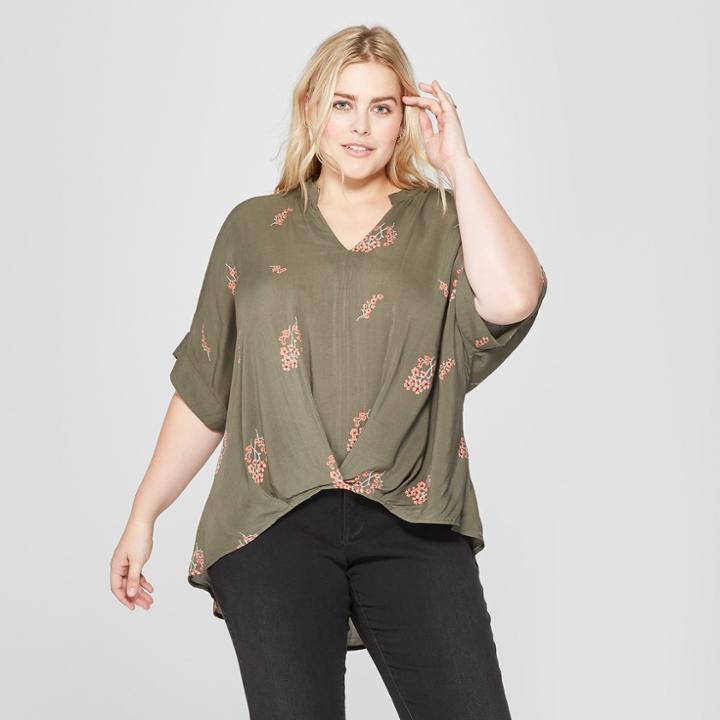 Women's Plus Size Floral Print Wrap Front Blouse - Universal Thread Olive