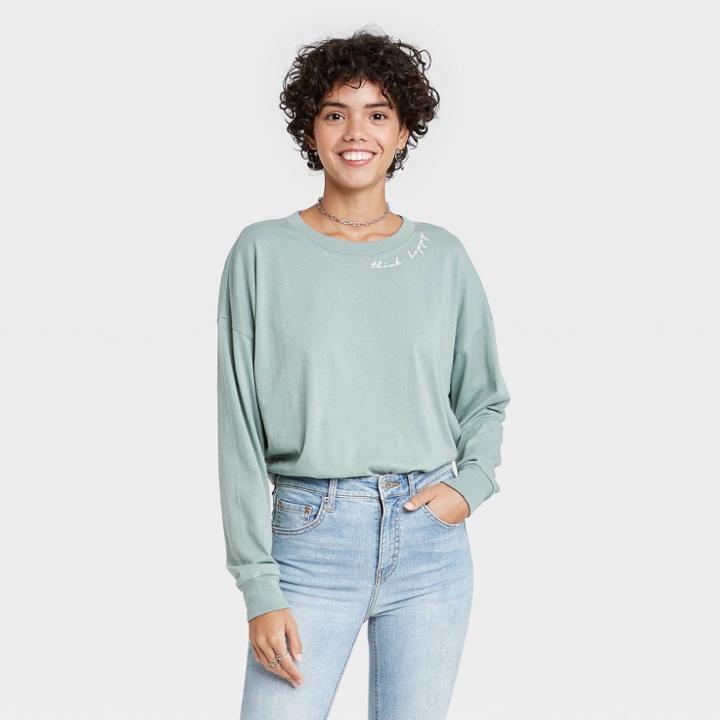 Modern Lux Women's Think Happy Embroidered Long Sleeve Graphic T-shirt - Green