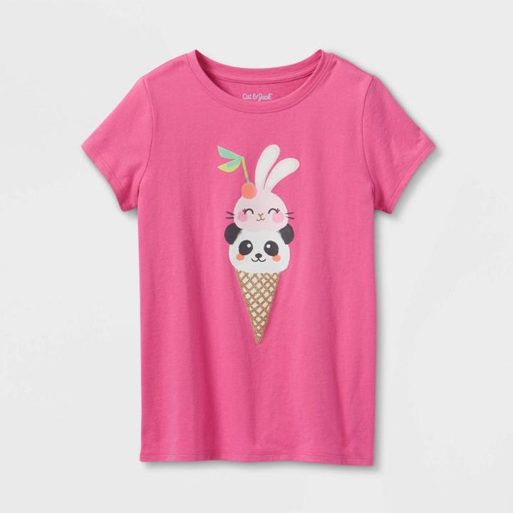 Girls' 'panda Bunny Ice Cream Cone' Short Sleeve Graphic T-shirt - Cat & Jack Bright Pink