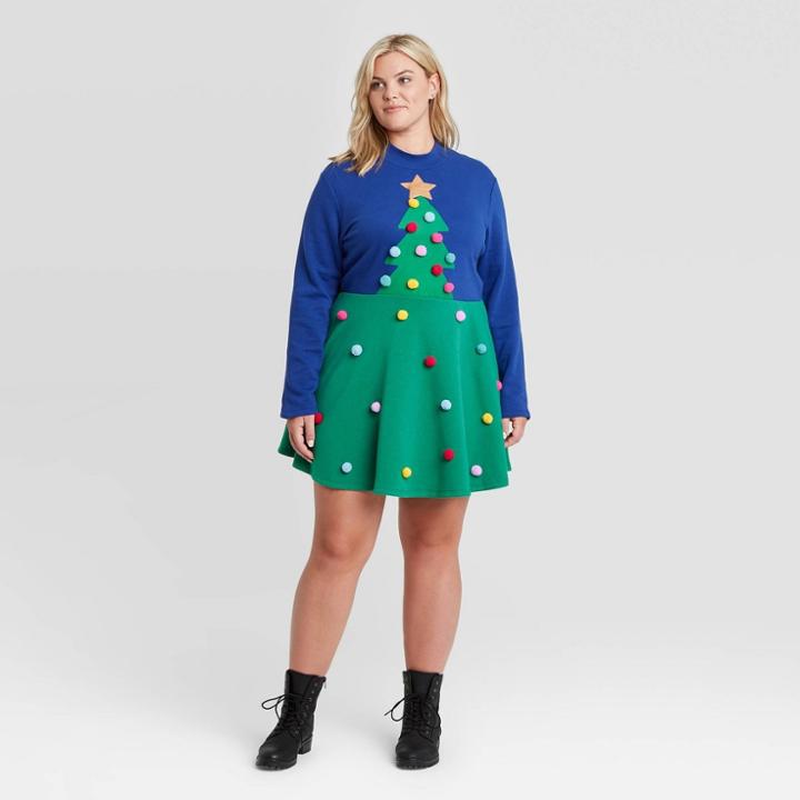 Mighty Fine Women's Plus Size Christmas Tree Pom Pom Long Sleeve Dress - Green