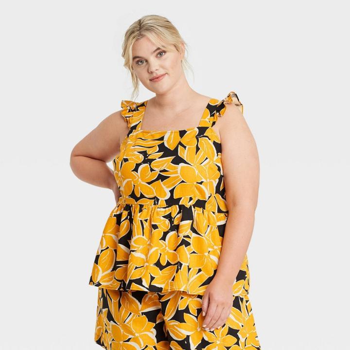 Women's Plus Size Ruffle Short Sleeve Tank Top - Who What Wear Yellow Floral