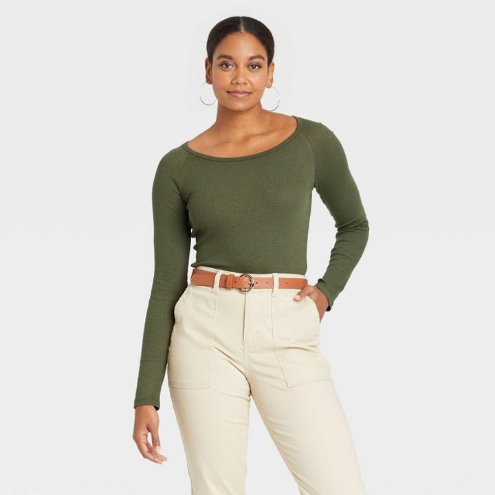 Women's Long Sleeve Ribbed Bodysuit - A New Day Green