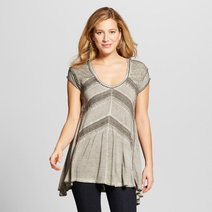 Women's Short Sleeve Lace Pieced Mineral Wash Cap Sleeve Blouse - Knox Rose Gray