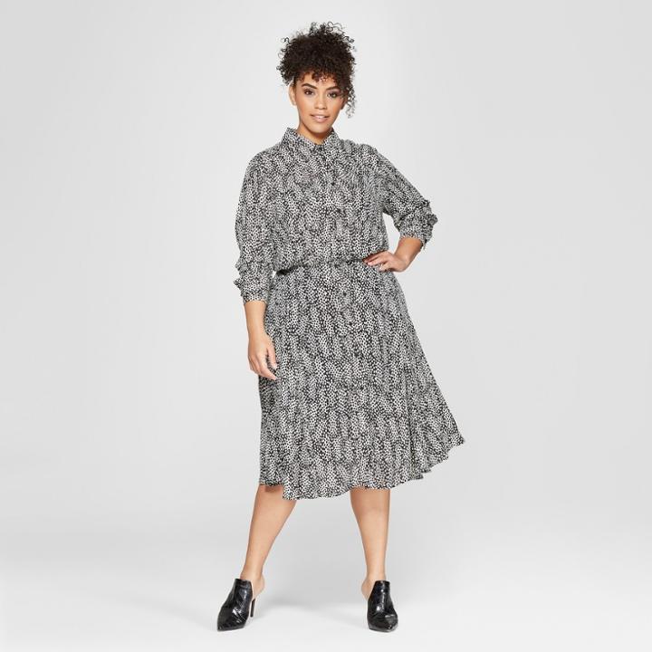 Women's Plus Size Polka Dot Convertible Sleeve Midi Shirt Dress - Who What Wear Black/white 1x, Black/white Polka Dot
