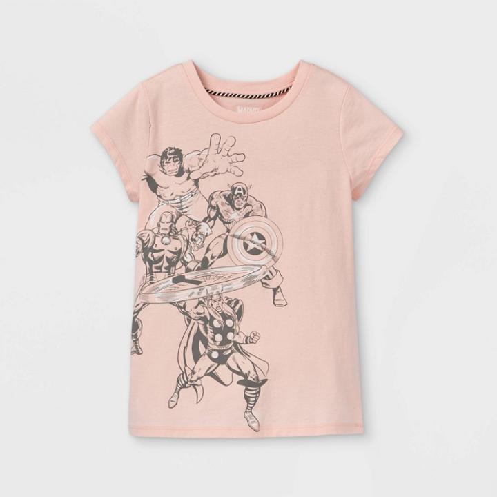 Girls' Marvel Team Cap Sleeve Graphic T-shirt - Peach Orange Xs - Disney