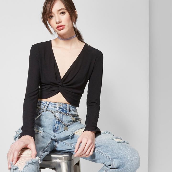 Women's Long Sleeve Cropped Twist Front Top - Wild Fable Black