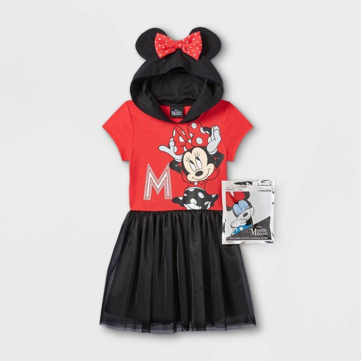Girls' Minnie Mouse Hooded A-line Dress With Bows - Red/black