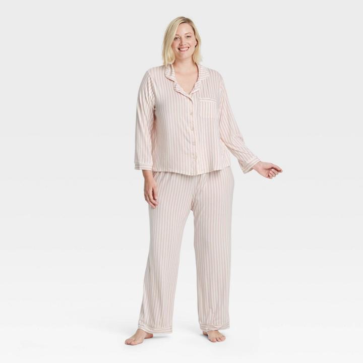 Women's Plus Size Beautifully Soft Long Sleeve Notch Collar Top And Pants Pajama Set - Stars Above